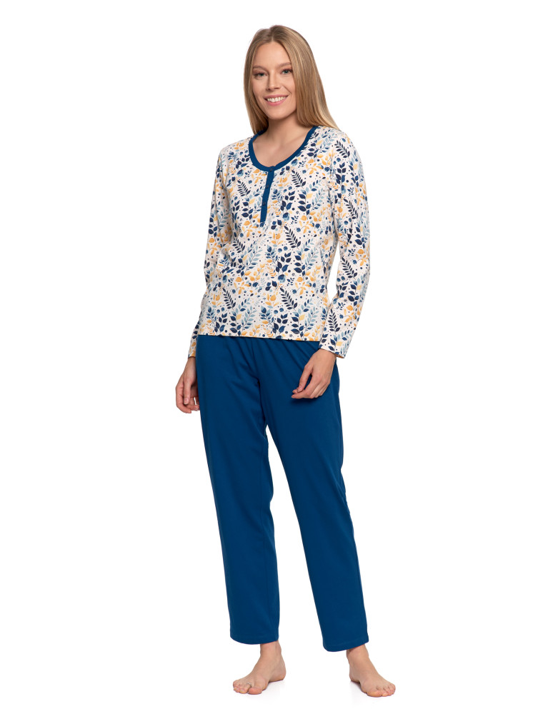 Piżama damska bawełniana z długim rękawem rozpinana (Kolor: GRANATOWY - Rozmiar: 2XL)