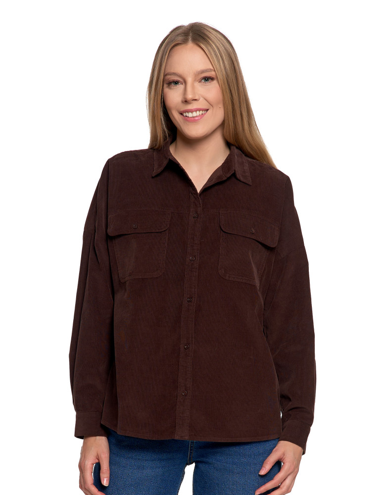 Koszula damska sztruksowa luźna bawełniana z kieszeniami (Rozmiar: L/XL - Kolor: CIEMNY ZIELONY)