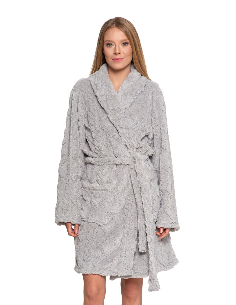 Ciepły szlafrok damski do kolan z wiązaniem (Kolor: SZARY - Rozmiar: XL)
