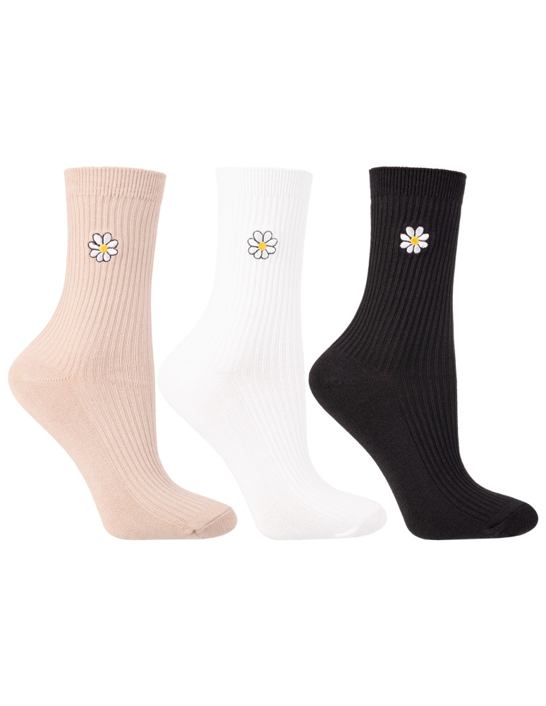 Skarpetki damskie długie bambusowe z haftem stokrotki 3-pak (Kolor: WIELOKOLOROWY - Rozmiar: 35-38)