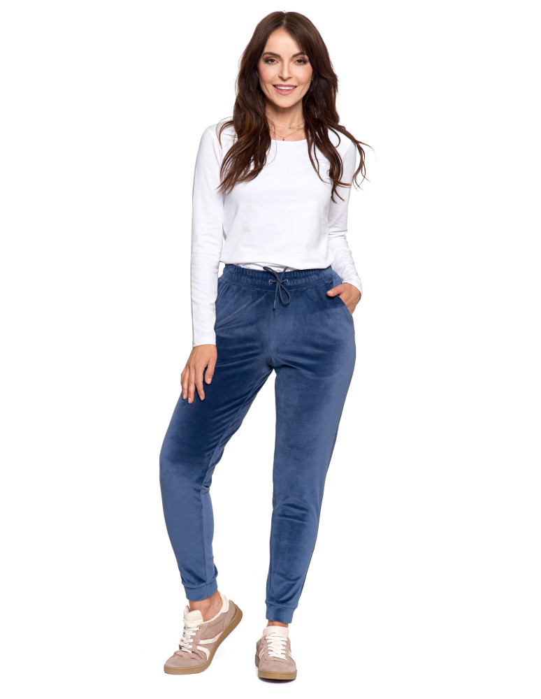 Spodnie damskie welurowe z wysokim stanem (Kolor: GRANATOWY - Rozmiar: L)