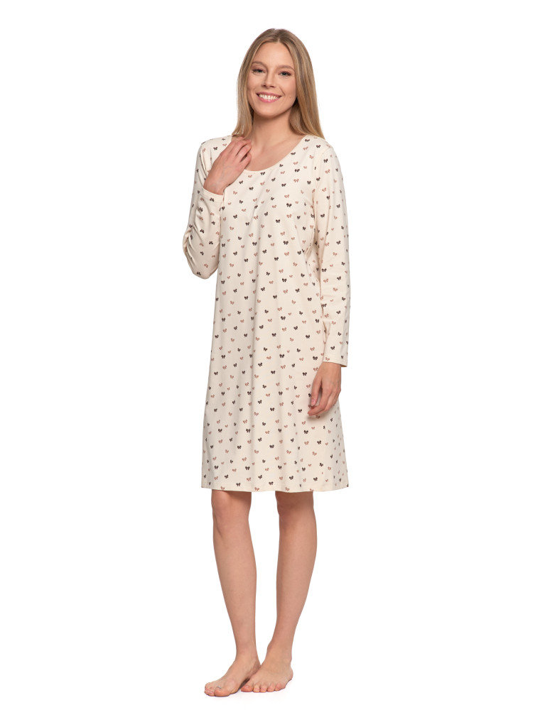 Koszula nocna damska z długim rękawem i kokardkami (Rozmiar: 2XL - Kolor: BEŻOWY)