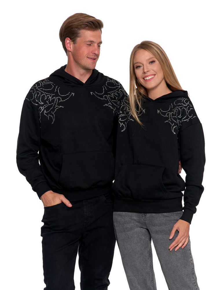 Bluza unisex z kapturem i cyrkoniami ocieplana (Kolor: CZARNY - Rozmiar: S)