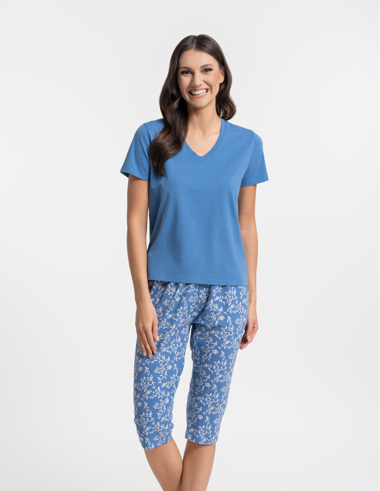 Piżama damska bawełniana z krótkim rękawem w kwiatki (Kolor: NIEBIESKI - Rozmiar: XL)