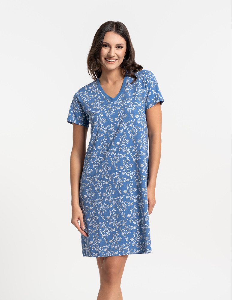 Koszula nocna damska bawełniana z krótkim rękawem w kwiatowy wzór (Kolor: NIEBIESKI - Rozmiar: L)