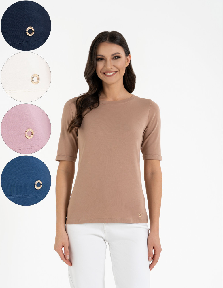 Bluzka damska z krótkim rękawem bawełniana bez wzoru (Kolor: RÓŻOWY - Rozmiar: L)