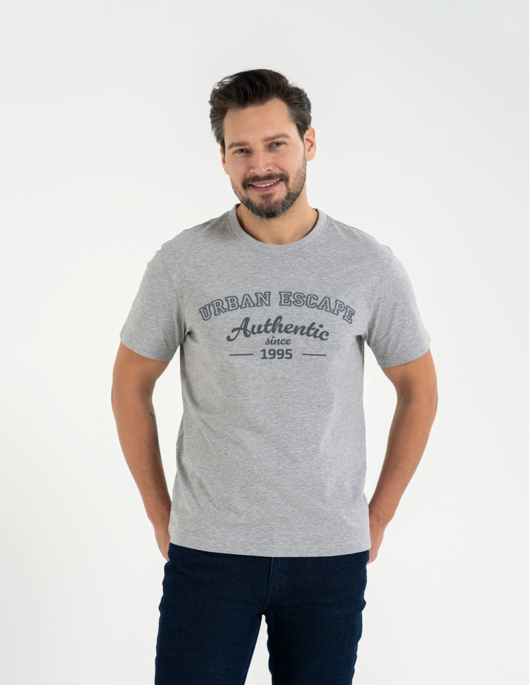 Koszulka męska bawełniana T-shirt z nadrukiem i krótkim rękawem (Rozmiar: XL - Kolor: SZARY MELANŻ)