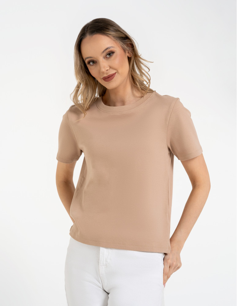 T-shirt damski bawełniany gładki o klasycznym kroju (Rozmiar: XL - Kolor: KHAKI)