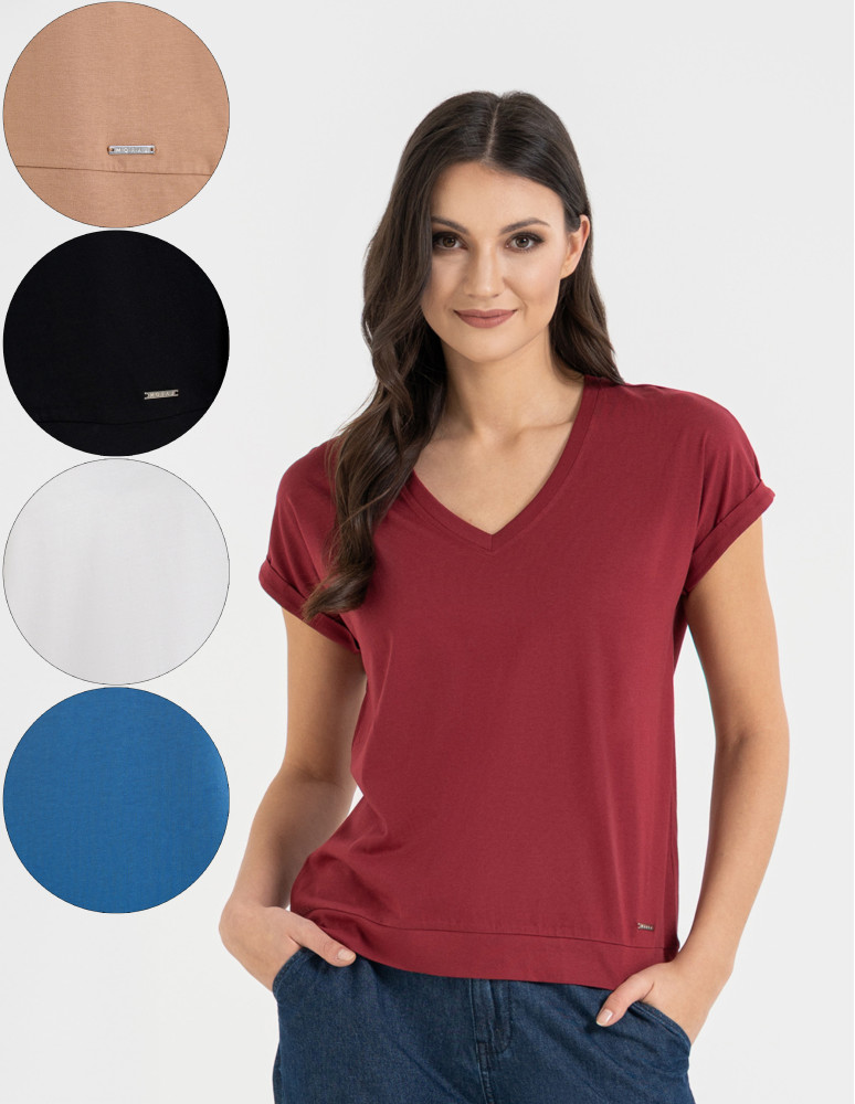 Bawełniana bluzka damska z domieszką modalu i dekoltem V (Rozmiar: S - Kolor: MOKKA)