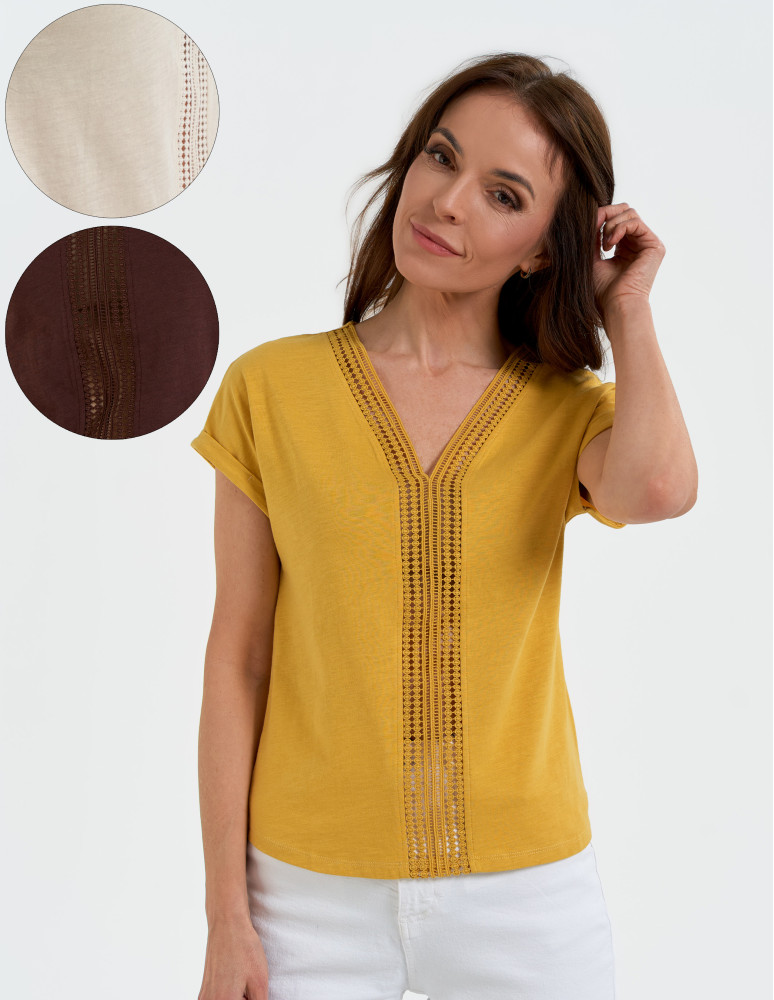 Bluzka damska bawełniana z ażurową wstawką i dekoltem V (Rozmiar: XL - Kolor: KREMOWY)