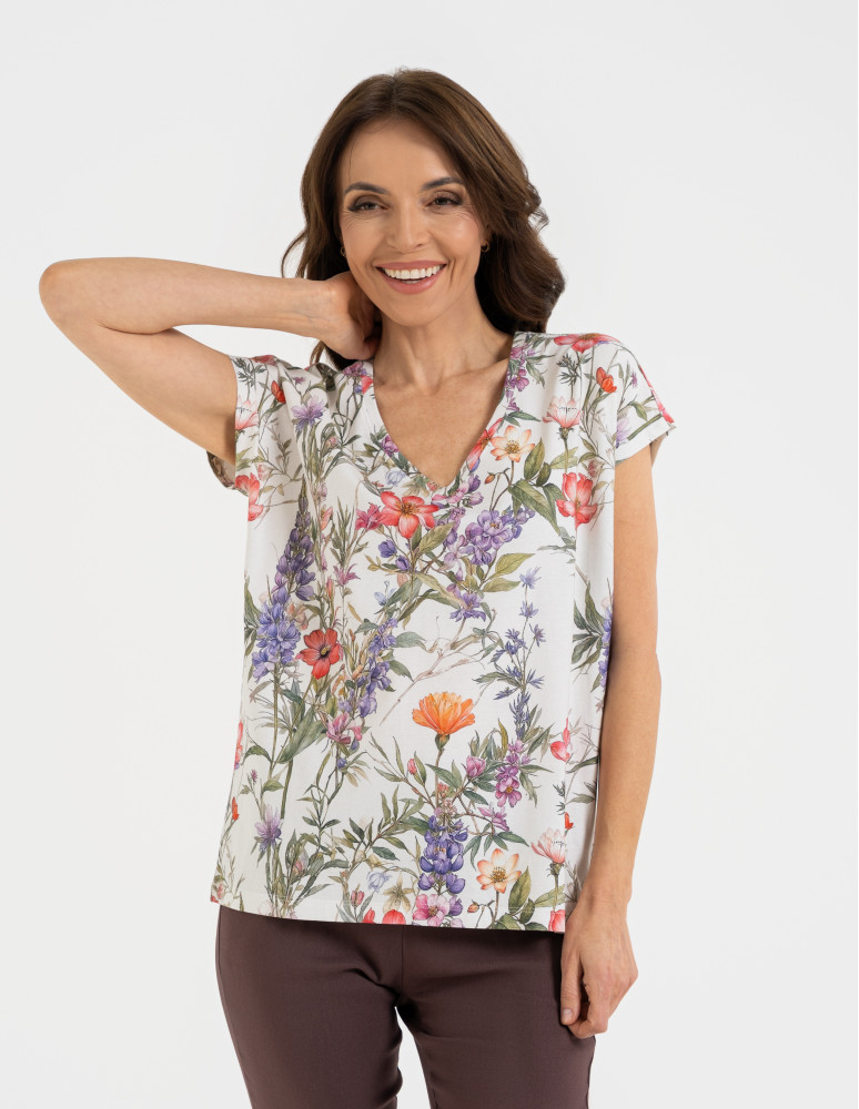 Bluzka damska z krótkim rękawem i roślinnym motywem (Rozmiar: S - Kolor: WZÓR 2)