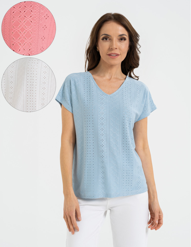 Bluzka damska ażurowa z ozdobnym wycięciem na plecach (Rozmiar: S - Kolor: NIEBIESKI)