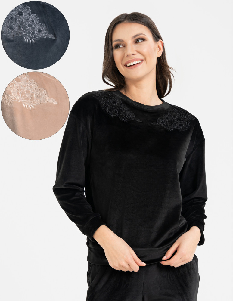 Bluza damska welurowa bez kaptura z haftem (Kolor: BEŻOWY - Rozmiar: 2XL)
