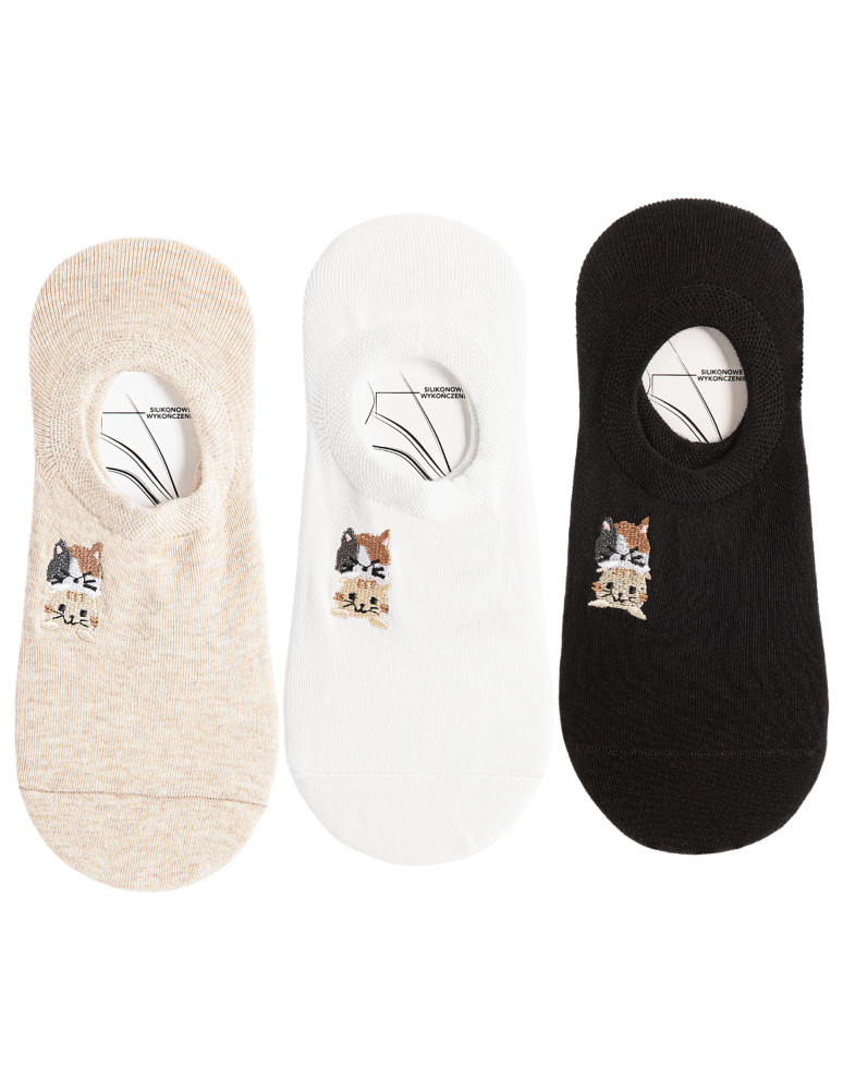 Skarpety damskie stopki niskie z haftem w kotki bawełniane 3-pak (Kolor: WIELOKOLOROWY - Rozmiar: 35-38)