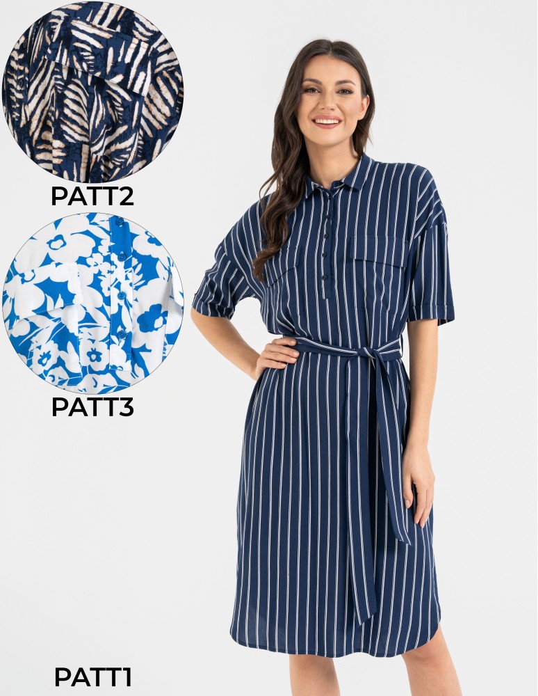 Sukienka damska szmizjerka z paskiem ze 100% wiskozy (Rozmiar: 2XL - Kolor: WZÓR 1)