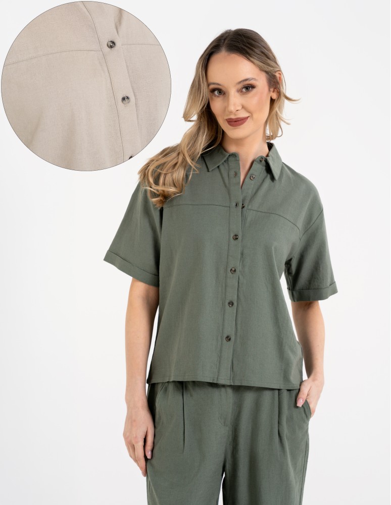 Koszula damska casual elegancka z lnu i wiskozy i krótkim rękawem (Rozmiar: S - Kolor: ZIELONY)