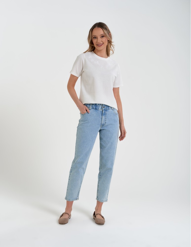 Spodnie damskie jeansy paperbag z wysokim stanem (Rozmiar: L - Kolor: JASNY NIEBIESKI)