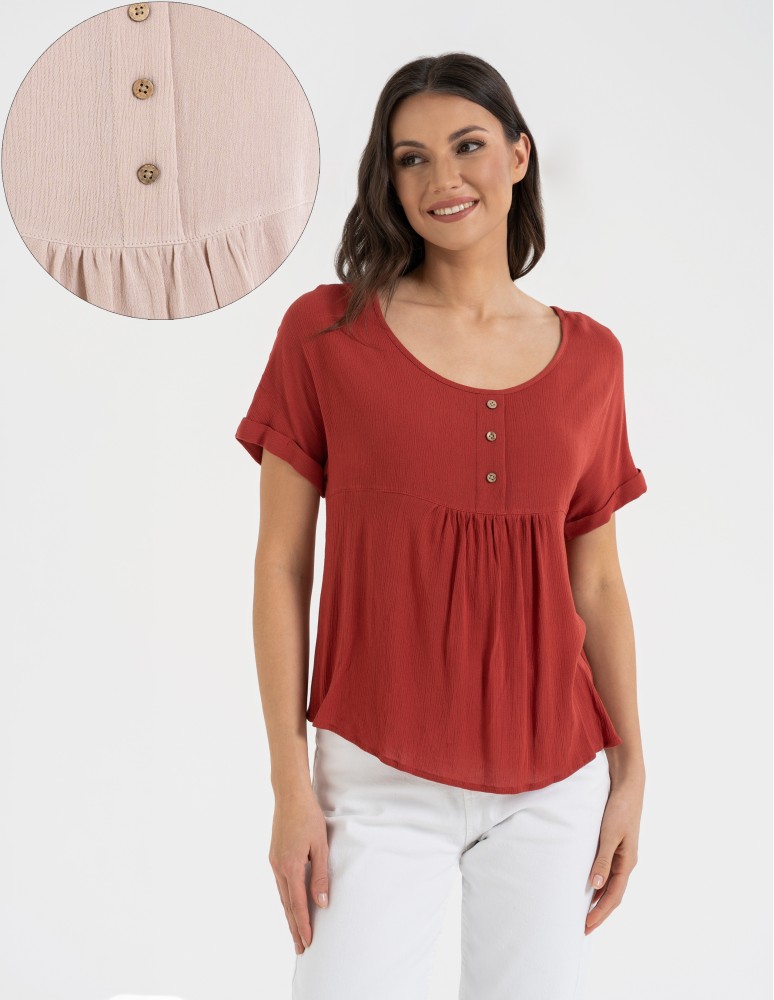 Bluzka damska z wiskozy z guzikami przy dekolcie (Rozmiar: XL - Kolor: BEŻOWY)