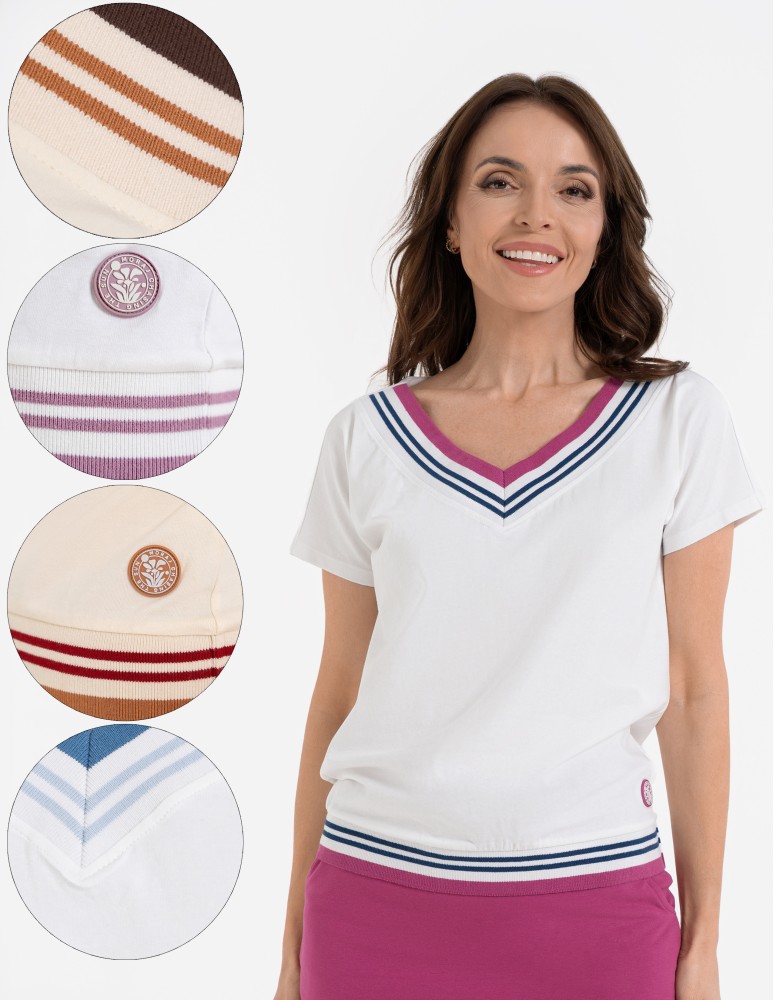 Bluzka damska bawełniana z krótkim rękawem i dekoltem V (Rozmiar: S - Kolor: GRANATOWY)