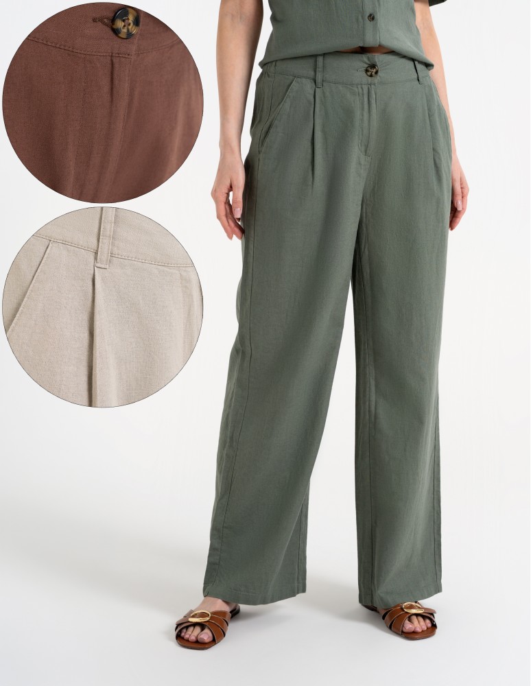 Spodnie damskie casual z lnu i wiskozy z kieszeniami (Rozmiar: XL - Kolor: ZIELONY)