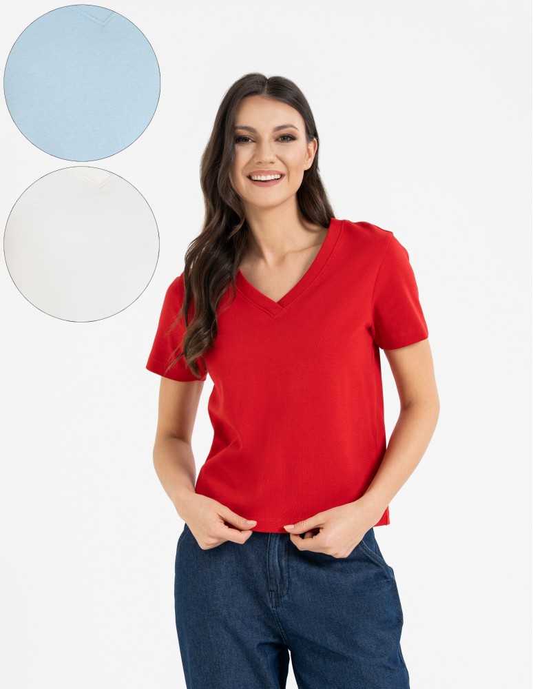 T-shirt damski z dekoltem w serek z dzianiny (Kolor: BIAŁY - Rozmiar: S)