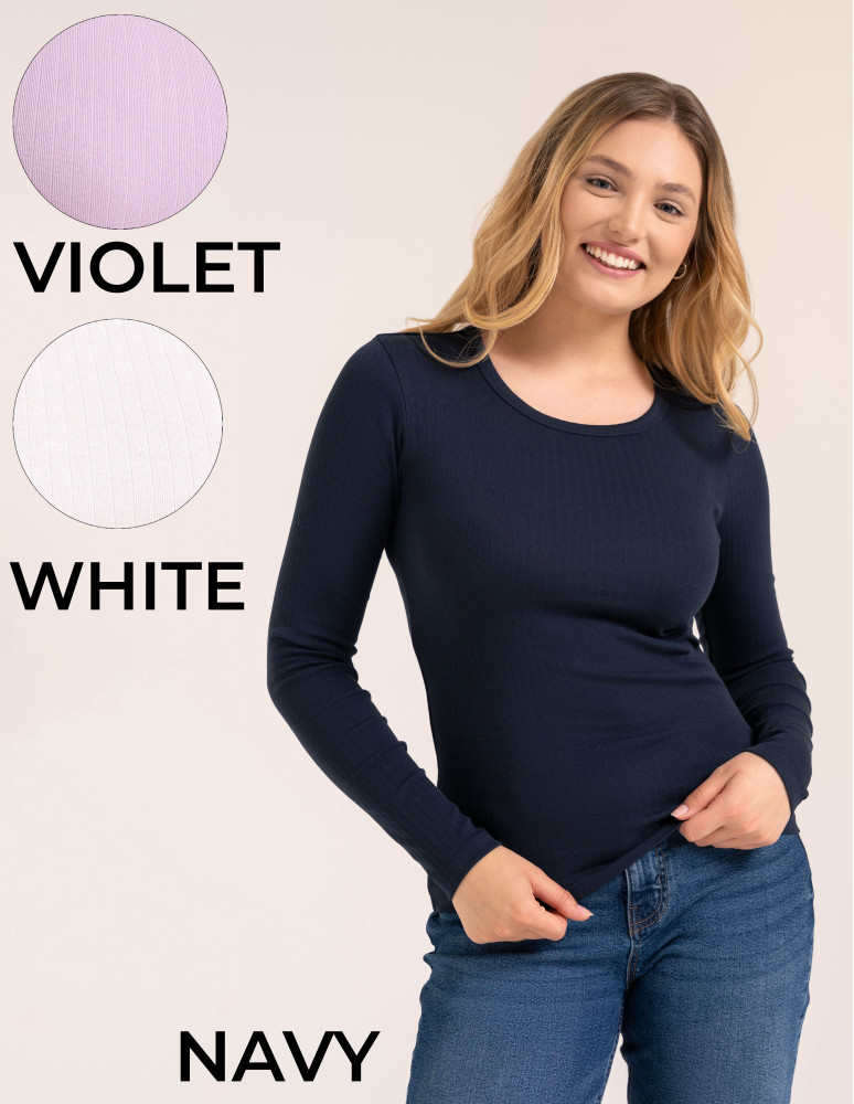 Bluzka damska z długim rękawem bawełna organiczna prążkowana koszulka longsleeve dopasowana gładka (Kolor: GRANATOWY - Rozmiar: XL)