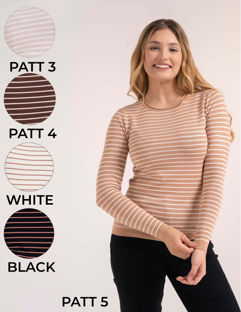 Sweter damski z wiskozy w paski i okrągłym dekoltem (Rozmiar: 2XL - Kolor: WZÓR 3)