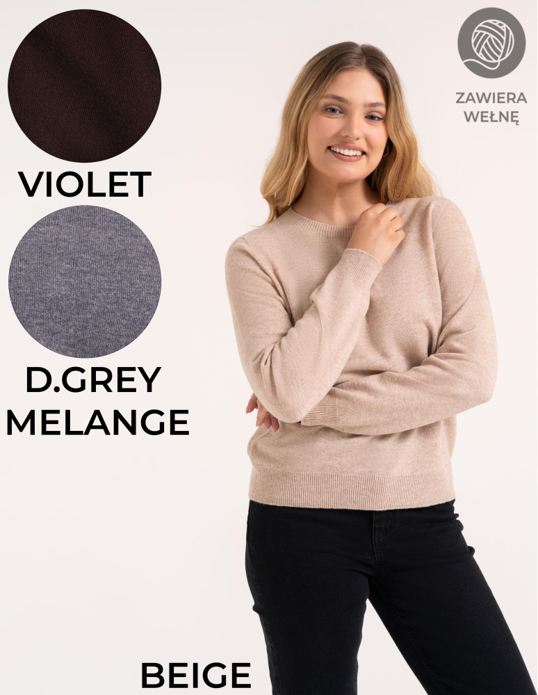 Sweter damski 100% wełniany miękki w dotyku klasyczny fason z okrągłym dekoltem (Kolor: FIOLETOWY - Rozmiar: 2XL)