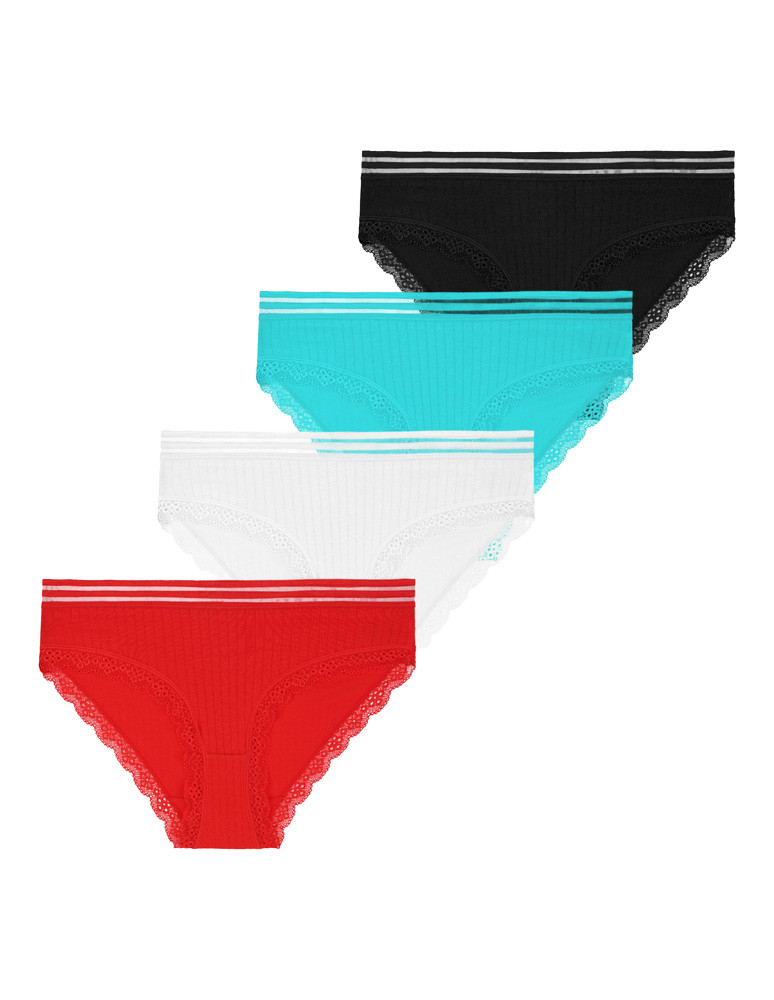Majtki figi damskie prążek z wykończeniem koronkowym 4-pak (Rozmiar: L - Kolor: WIELOKOLOROWY)