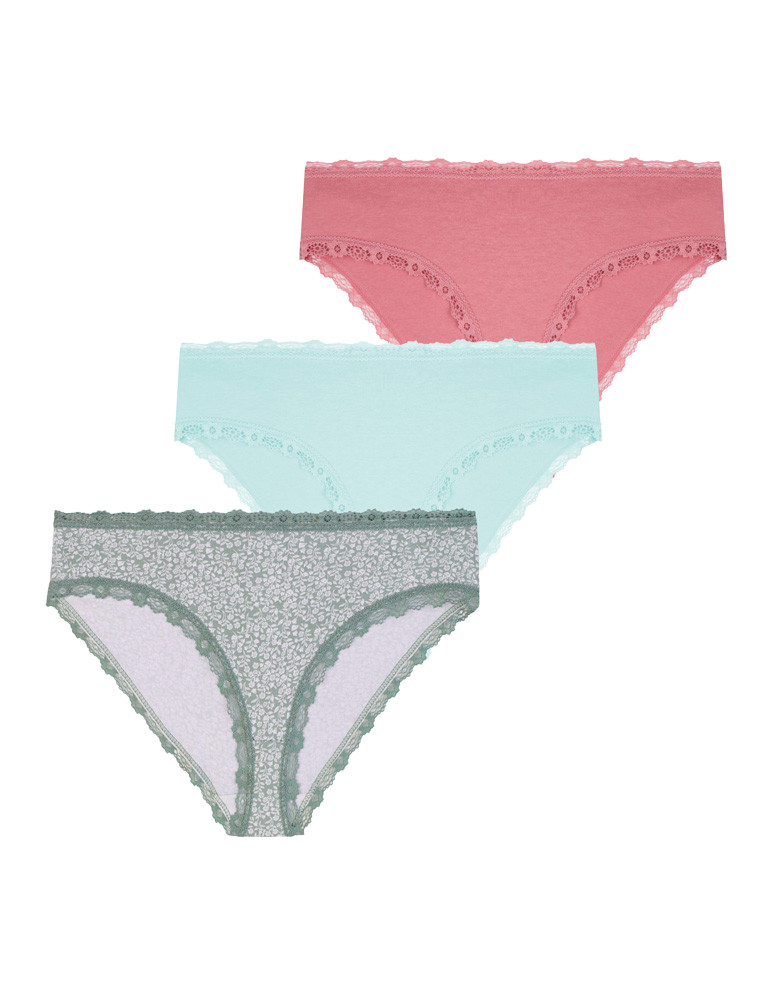 Majtki damskie figi bawełniane kwiatowy wzór z koronką 3-pak (Rozmiar: L - Kolor: WIELOKOLOROWY)
