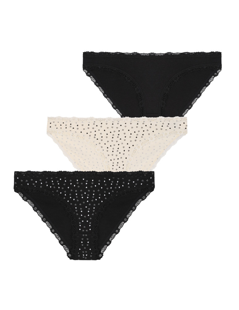 Majtki damskie figi mini bikini w serduszka z koronką 3-pak (Rozmiar: L - Kolor: WIELOKOLOROWY)