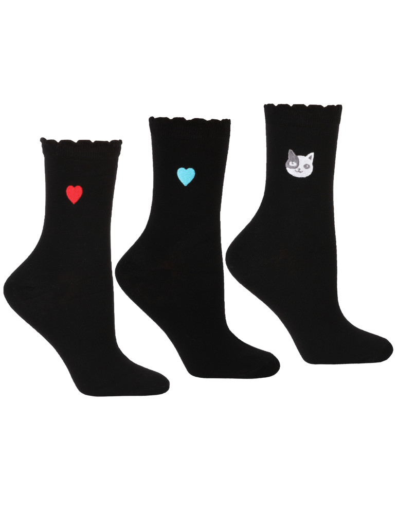 Czarne skarpetki damskie z haftem 3-pak (Kolor: WIELOKOLOROWY - Rozmiar: 38-41)