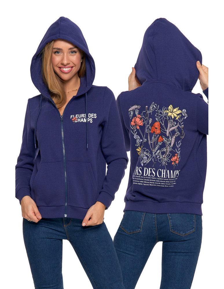 Ocieplana bluza damska rozpinana bawełniana motyw kwiatów (Rozmiar: M - Kolor: GRANATOWY)