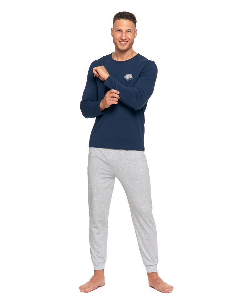 Męska piżama z długim rękawem i ściągaczami (Kolor: GRANATOWY - Rozmiar: L)