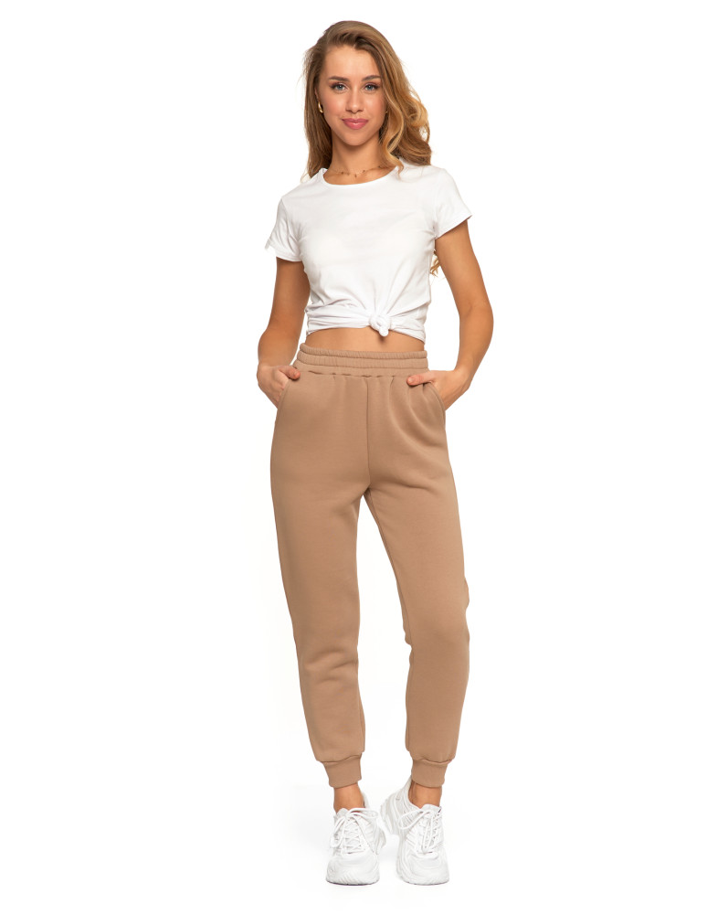 Damskie spodnie dresowe wysoki stan ocieplane z kieszeniami (Kolor: RÓŻOWY - Rozmiar: XL)